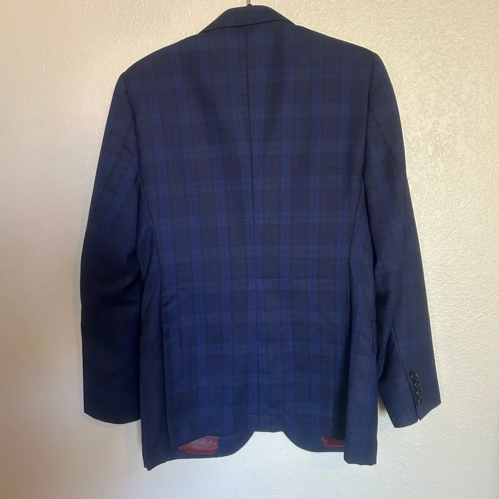 Men's Zignone Trend Navy Blue Plaid Wool Blazer Sz 38R